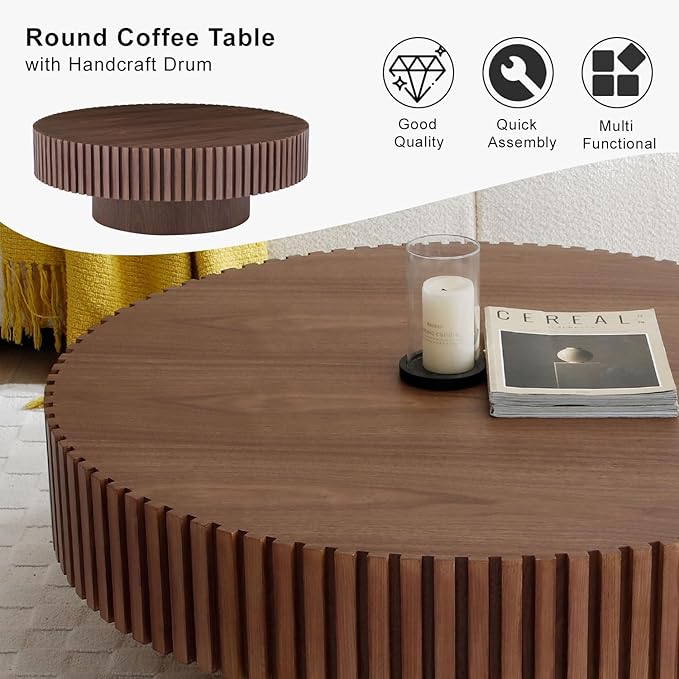 31" Round Coffee Table for Living Room, Mid Century Modern Coffee Table with Sturdy Pedestal, Circle Center Table Accent Tea Table for Apartment Walnut