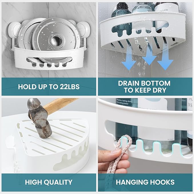 TAILI Suction Corner Shower Caddy, Bathroom Shelf Storage Basket Wall Mounted Organizer for Shampoo, Conditioner, Plastic Rack for Kitchen&Bathroom, Drill-Free Removable (2 Pack)
