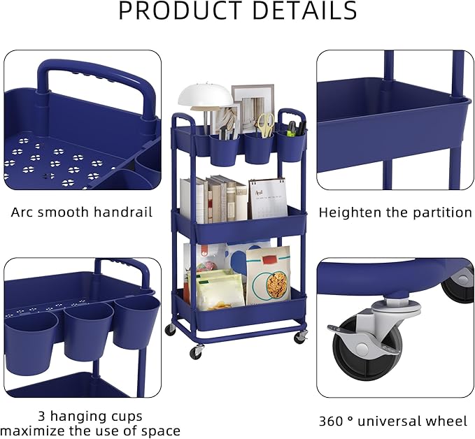 JIUYOTREE 3-Tier Plastic Rolling Storage Cart Utility Cart with Extra Hanging Cups Handles Lockable Wheels for Living Room Bathroom Kitchen Office Blue-NeatNest