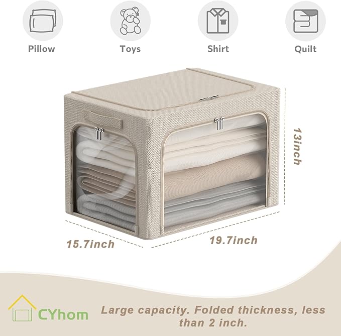 3 Openings Clothes Storage Bins Box - 3Pack Stackable Foldable Storage Bin - Metal Frame Storage Box Clothing Storage Organizer with Clear Window, Carry Handles (66L-19.7x15.7x13in, Beige)-NeatNest