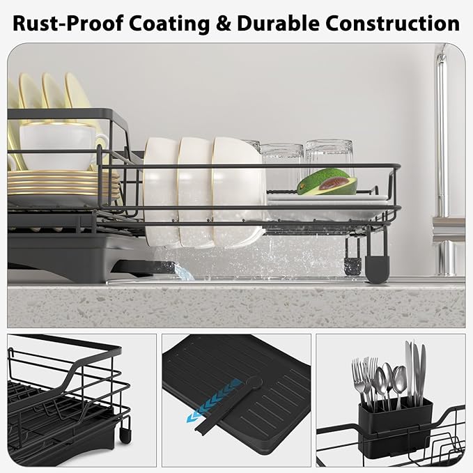 Expandable Dish Rack for Kitchen Counter:2 in 1 Large Dish Drying Rack with Cutlery Holder for Drying Plates Bowls Cups -Kitchen Drying Storage for Family of 3-4 Persons