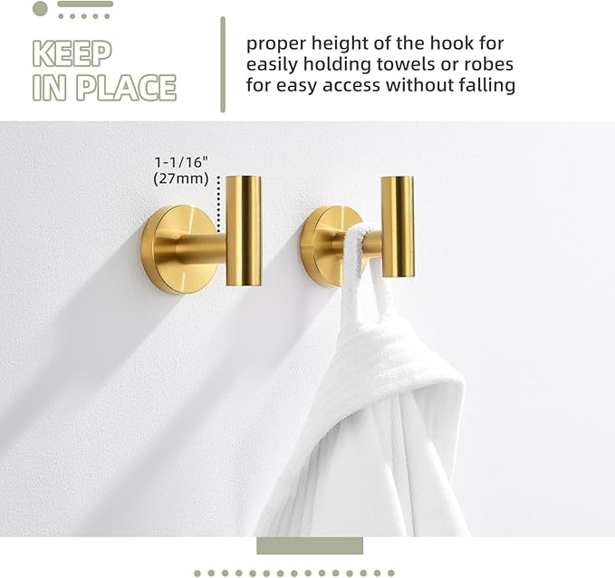 Angle Simple Bathroom Towel Hook 2 PCS, SUS304 Stainless Steel Bath Towel Robe Coat Holder, Heavy Duty Wall Hook, Brushed Gold