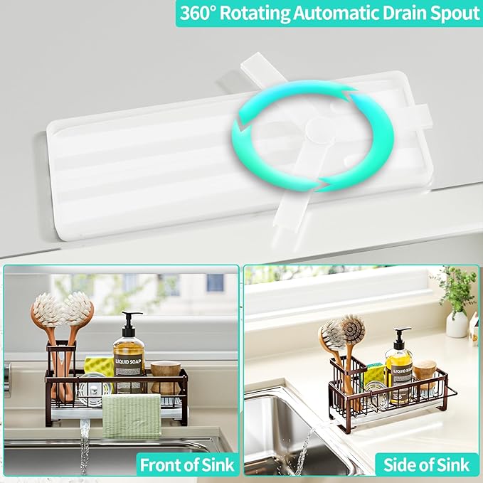 HapiRm Sponge Holder for Kitchen Sink - Self-draining Sink Caddy with Brush and Dishcloth Holders, Stainless Steel Kitchen Organizer for Countertop - Bronze