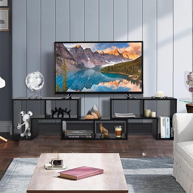 GOFLAME 3 Pieces TV Console Stand, Modern Entertainment Center for 50 55 60 65 Inch Flat Screen TV, Free Combination Bookcase for Storage & Display, Suitable for Living Room, Bedroom (Black)-NeatNest