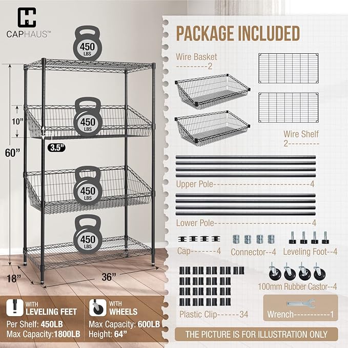 CAPHAUS NSF Commercial Heavy Duty 4 Tier Wire Shelving with Two Trapezoid Baskets, Wheels, Leveling Feet, Black Storage Shelf for Basement Garage and Utility Storage-NeatNest