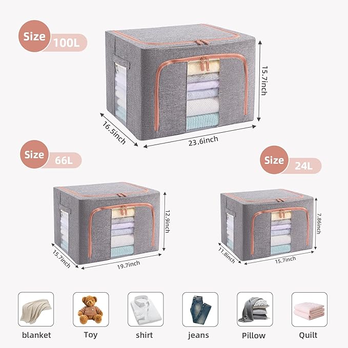 100L Stackable Clothes Storage Bins with Metal Frame Handles & Zipper, Collapsible Closet Organizer Box with Lid for Bedding Blankets Towel (Grey,1 pack)-NeatNest