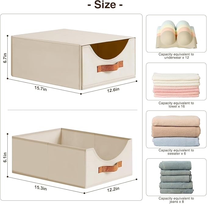 Closet Organizers and Storage - Large Stackable Storage Bins with Drawer, Fabric Bins for Organization, Collapsible Drawer Organizer Clothes for Bedroom, Living Room, 4 Pack, Beige-NeatNest
