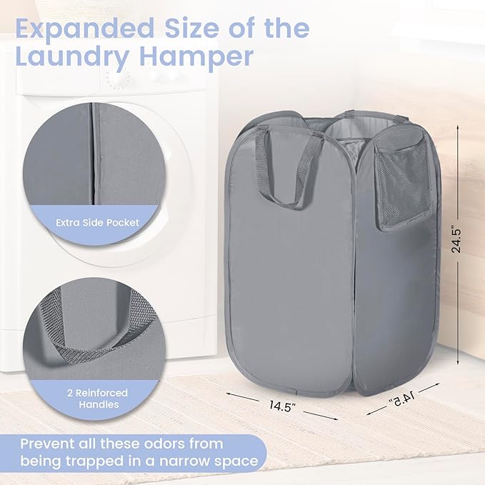 HOUSE AGAIN Upgraded Pop-up Laundry Hamper 2 Pack, Collapsible Laundry Basket with Durable Handles Solid Bottom High Steel Frame, Portable Foldable Dirty Clothes for Dorm, Laundry room Travel, Grey-NeatNest