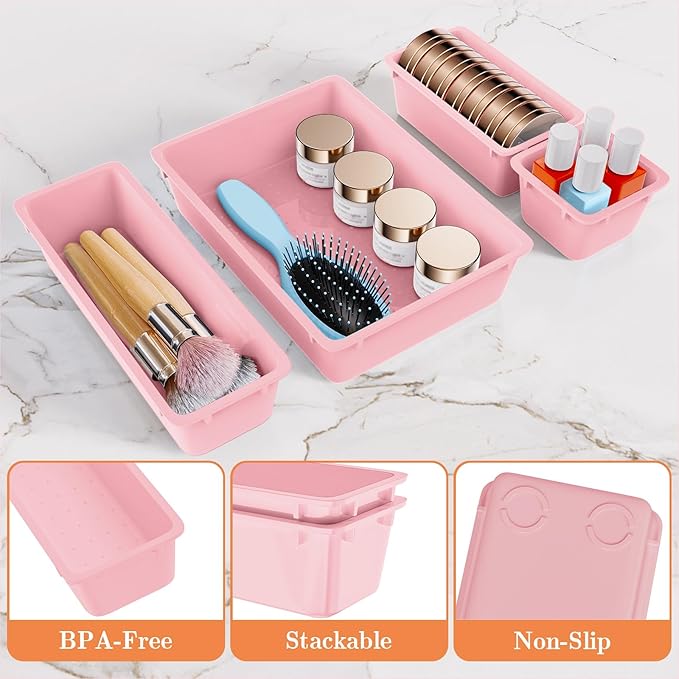25 PCS Plastic Drawer Organizer Set, 4-Size Versatile Organizer Trays & storage Bins for Makeup, Jewelry, and Gadgets in Bathroom, Bedroom and Office, Pink-NeatNest