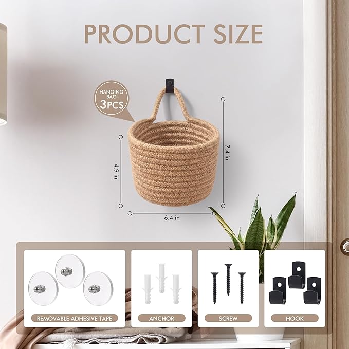 Fabric Wall Hanging Baskets - 3Pack Woven Pouchs Boho Style Wall Mounted Bag with Adhesive Hooks, Storage Organizers and Decoration Pocket Caddy Bins on Door Rack (Linen & Black, Large)