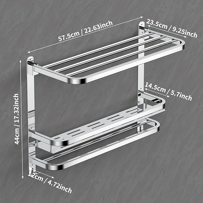 22.8Inch Towel Rack for Bathroom and Lavatory Towel Hanger with Wall Mount Towel Bars 304 Stainless Steel No Drill (Collapsible Towel Rack with Bathroom Organize Shower Shelves)