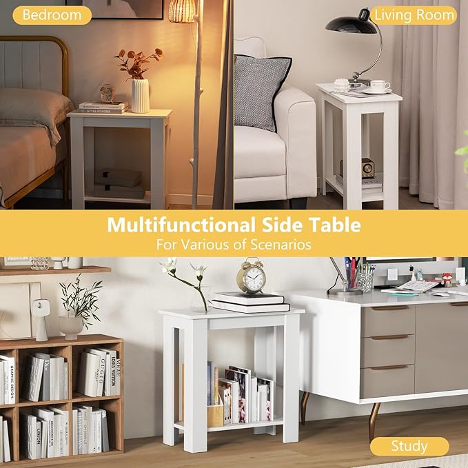 GOFLAME 24” Side Table Set of 2, 2-Tier Rectangular End Table with Storage Shelf, Multipurpose Night Stand for Bedroom, Living Room, White