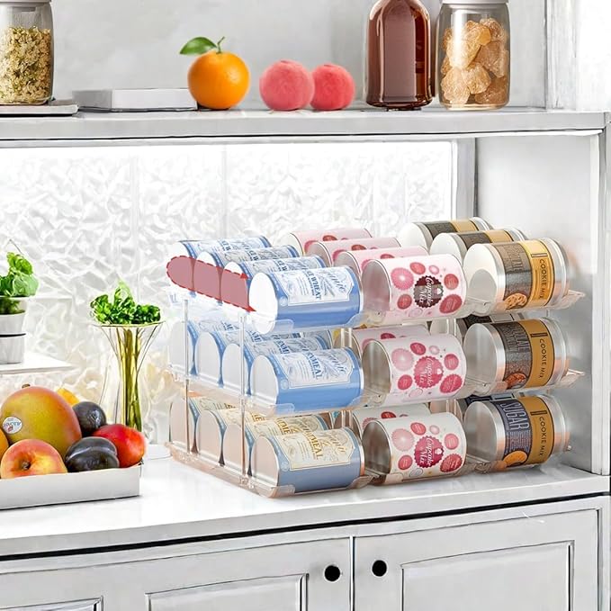 Can Organizer for Pantry, 3 Sets 2Tiers Can Storage Organizer Pantry, Soda Can Organizer for Fridge 24 Cans Rack Automatic Rolling Stackable Canned Food Organizer,Clear-NeatNest