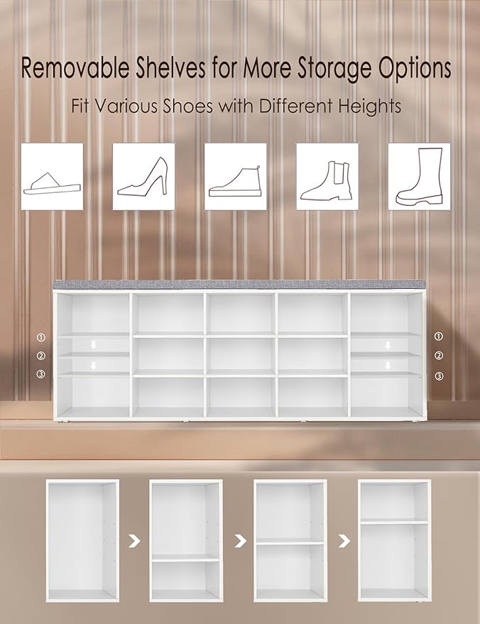 DINZI LVJ Shoe Storage Bench with Cushion, 15-Cubby Shoe Rack, Adjustable Shelves, Long Shoe Organizer Bench for Entryway, Mudroom, Hallway, Living Room, Bedroom and Garage, White-NeatNest