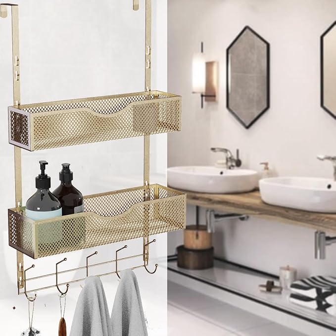 BRENNHOLZ Over The Door Hooks Organizer,Coat Rack with 10 Hooks and 2 Mesh Baskets,Back of Door Storage Organizer for Bathroom,Bedroom,Kitchen,Office(Golden)-NeatNest