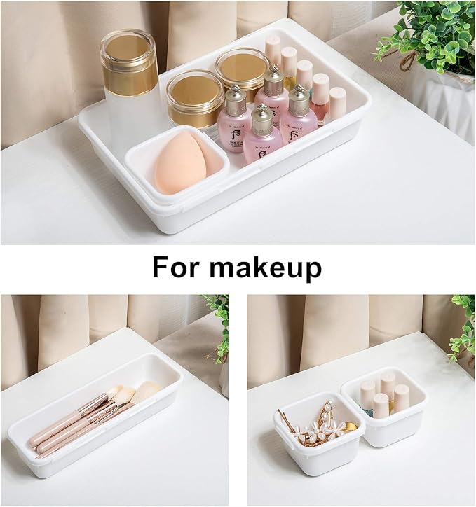BYCY 18 Pcs White Drawer Organizers Trays Set Drawer Dividers for Kitchen Office Bathroom, Interlocking Bin Pack (18 Pieces)-NeatNest