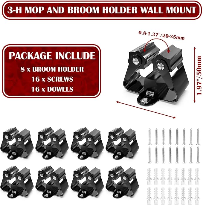3-H Broom Holder Wall Mount 8 Pack, Mop and Broom Holder for Garage Garden Shed Storage System Laundry Room Home Kitchen Organization (Black)