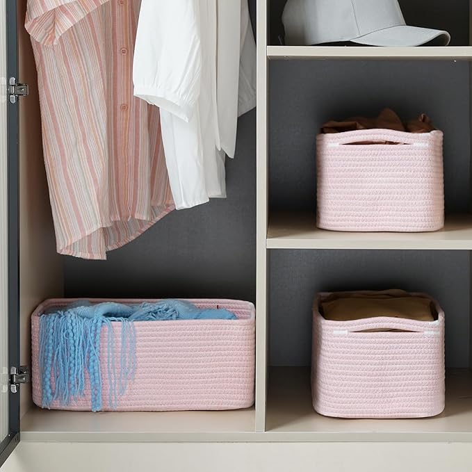 3-Pack Storage Baskets for Organizing | Woven Shelf Toy Basket | Rope Baskets for Gifts Empty | Closet Organizer Bins with Handles | Cube Decorative Box | 13.7×7.1×6.7” | Mixed Pink-NeatNest