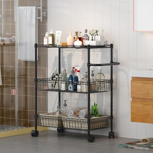 3 Tier Rolling Storage Cart with Adjustable Wire Shelving, 360-Degree Rotating Wheels with Brakes, Sturdy Carbon Steel Build, Versatile for Kitchen, Bathroom, and Office