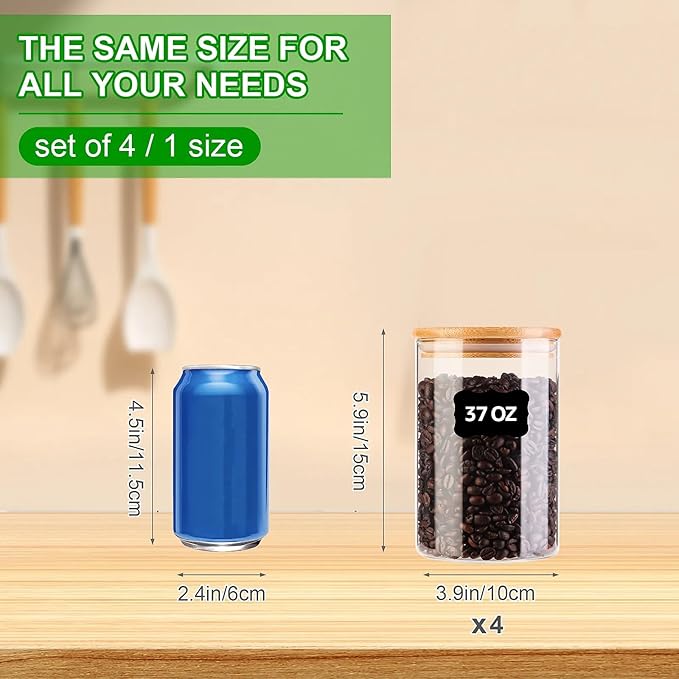 Glass Food Jars with Lids,37oz Glass Storage Containers with Airtight Bamboo Lids,Round Glass Canister Set of 4, Pantry Organizers and Storage for Cookie Flour Oat Pasta Tea Coffee Bean