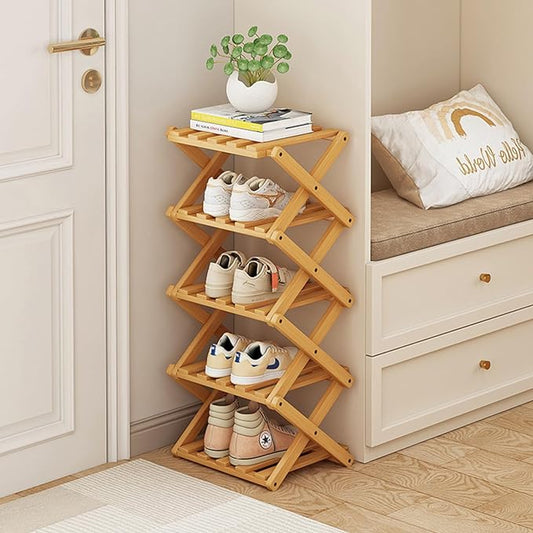 Shoe Rack, Bamboo Foldable Shoes Organizer Free Standing Shelf for Entryway, Closet, Bedroom, Hallway, | Natural | Functional | Multifunctional Shoe Rack (Wood Color) 5 Layers-NeatNest