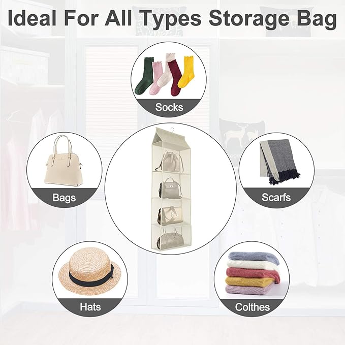 Closet Handbag Purse Holder, Space Saving Hanging Handbag Storage Tote Bag Organizer Holder with 4 Large Heavy-Duty Mesh Shelves for Wardrobe Closet(Pack of 2 Beige)-NeatNest