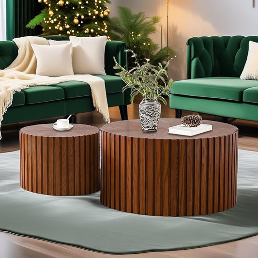 Modern Round Wooden Nesting Coffee Table Set of 2 Circle Tables with Non-Slip Feet, Accent Side End Table, Saving Space Design and No Need Assembly (FSMALL)