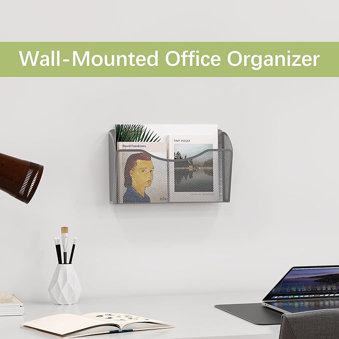 EasyPAG Wall File Holder, Single Mesh Hanging File Organizer for A4 Letter Size Paper, Wall Mount Paperwork Basket for Office, Home, School, Silver
