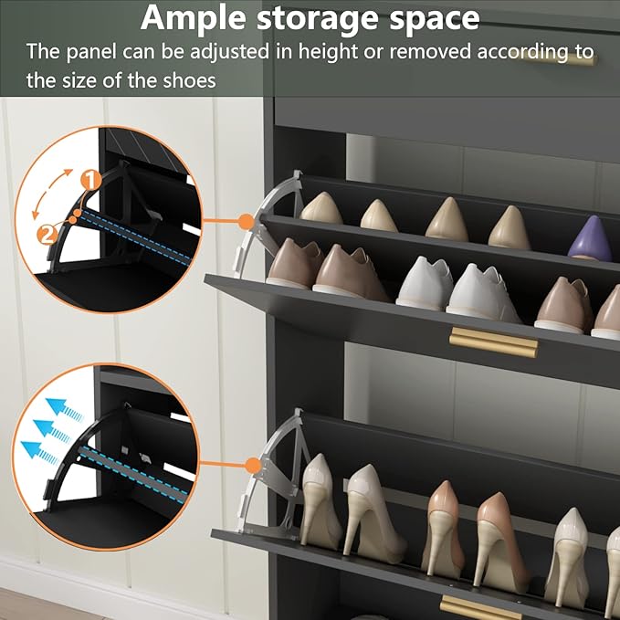Shoe Storage Cabinets, 16 Pairs Free Standing Shoe Organizer with 2 Flip Drawers for Entryway, Narrow 3 Tier Entryway Hidden Shoe Rack with Doors (Upgraded Black)-NeatNest