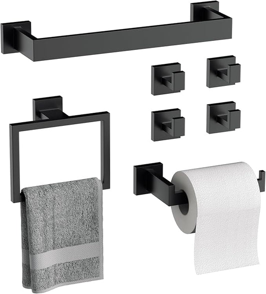 7-Piece Matte Black Bathroom Accessories Hardware Set, Stainless Steel 16 Inch Bath Towel Bar Set, Towel Racks for Bathroom Wall Mounted
