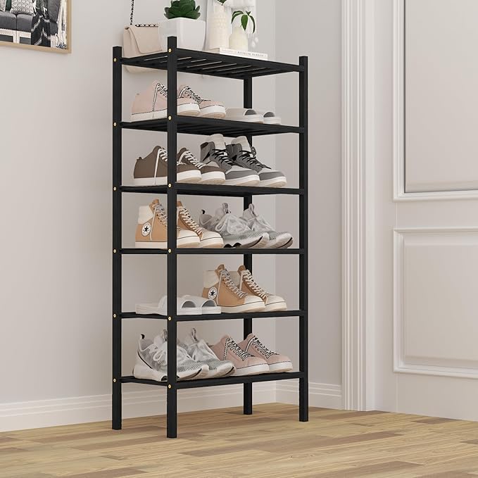 6-Tier Bamboo Small Shoe Rack, Free Standing Wood Shoe Shelf Storage Organizer for Closet Entryway Stackable (Black)-NeatNest