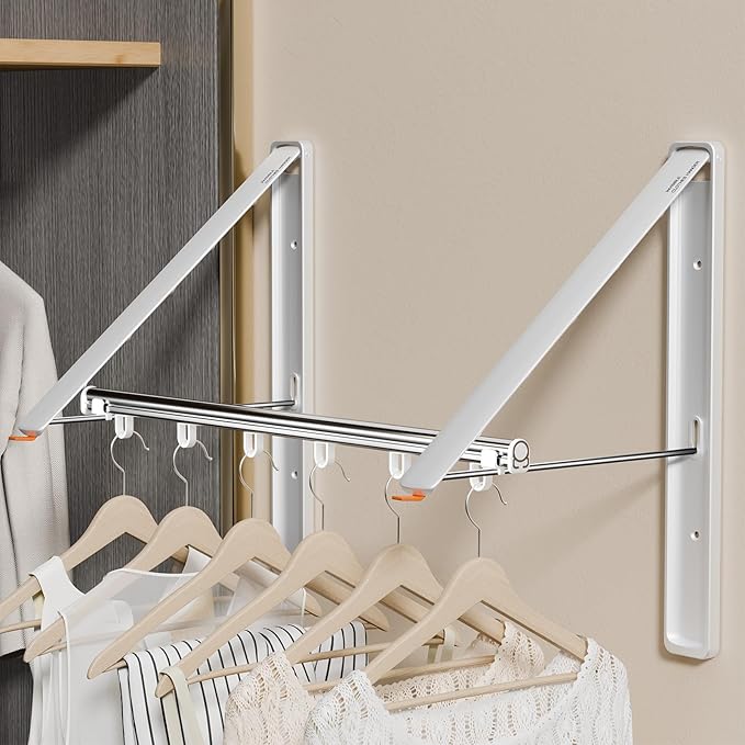 Clothes Drying Rack Retractable, Wall Mounted Clothes Hanger Rack for Laundry Room, Laundry Drying Rack with Clothes Rod Space Saving Closet Organizer Aluminium (White, 2P)-NeatNest