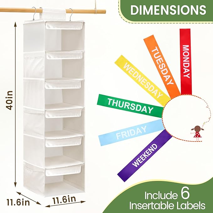 2 Pack 6-Shelf Weekly Clothes Organizer for Kids, Hanging Daily Closet Organization with 6 Side Pockets, Days of The Week Clothing Divider Storage for Boys and Girls (White)-NeatNest