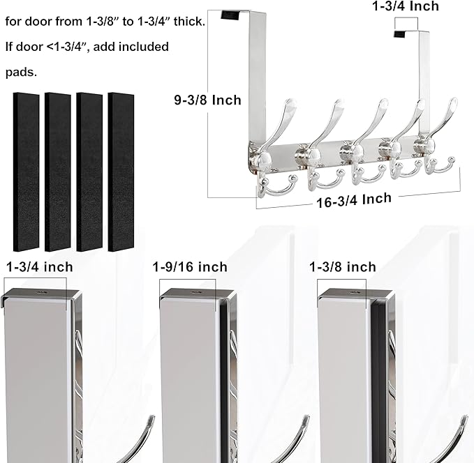 Dseap Over Door Hook 2.0 - Upgraded Version - Simple-Assembly, Strong, Heavy-Duty Stainless Steel 5-Tri-Hook Over The Door Hanger Rack, SimpleStrong Series, Chromed, Pack of 2
