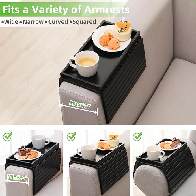 GEHE Bamboo Sofa Arm Tray, Foldable Couch Arm Tray Side Table, Anti-Falling Armrest Tables Cup Holder for Snacks, Drinks, Beers, Phone, Control, Flexible and Portable, Anti-Slip Bottom-NeatNest