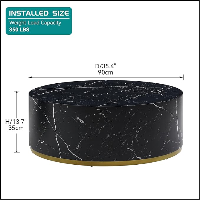 kevinplus Round Black Coffee Table Side Table End Table for Living Room, Drum Circle Wood Coffee Table Modern Contemporary Coffee Table for Apartment, Marble Grain, Black & Gold (ø35.4'' x 13.7'')