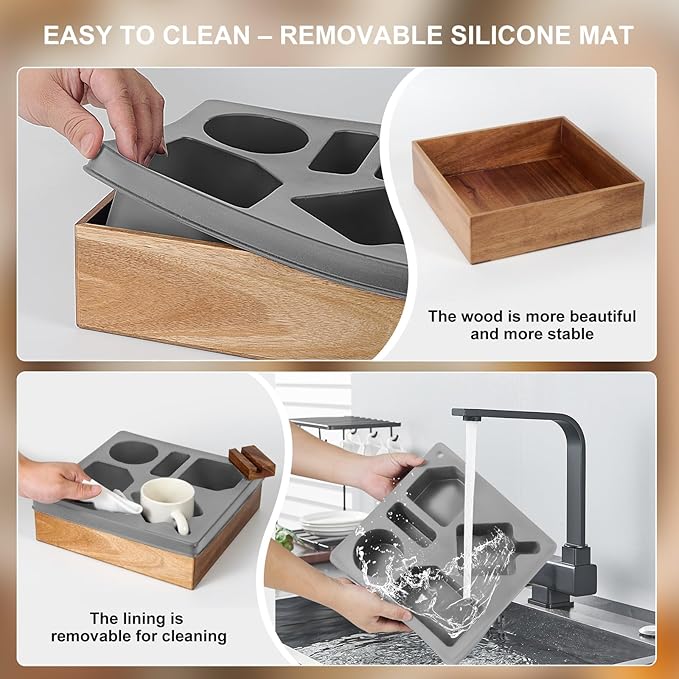 Couch Cup Holder Tray – Wooden Sofa Arm Organizer with Silicone Insert, Spill-Proof Snack & Drink Holder, Waterproof Couch Caddy for Remote, Phone & More – Bed, Car, RV, Living Room Essentials（Gray）-NeatNest