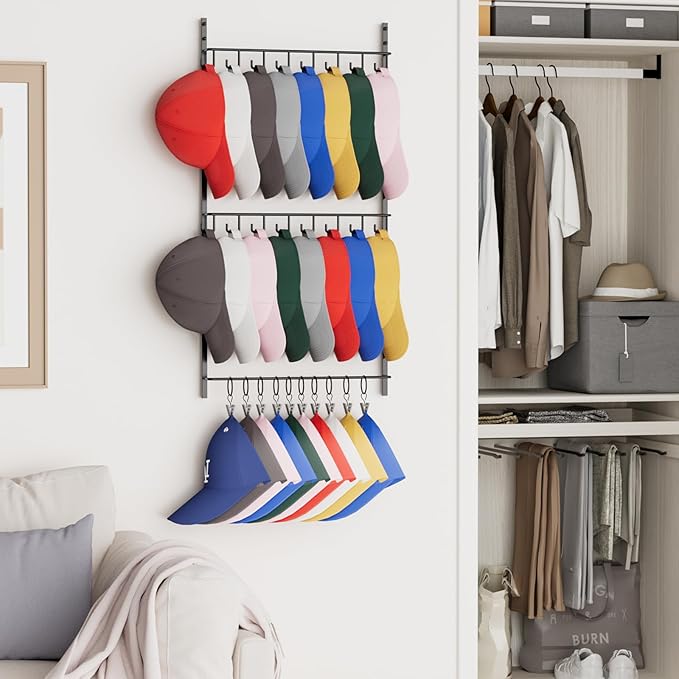 Consumest Over Door Hat Organizer - 3 Tier Wall Mounted Hat Rack with 16 Hooks and 10 Movable Clips, Hanging Baseball Cap Storage Holds up to 26 Caps for Door, Bedroom, Closet USPTO Patent Pending-NeatNest