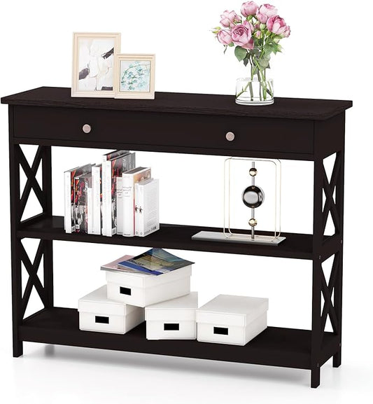 GOFLAME 39" Console Sofa Table with Drawers, 3-Tier Narrow Entry Table with Storage Shelves for Living Room Behind Couch, Entryway (Espresso)-NeatNest