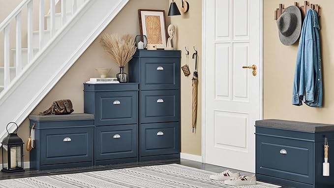 SoBuy Slim Shoe Cabinet, Shoe Rack with Doors, Shoe Storage Cupboard Organizer Unit for Entryway 2 Flip-Drawers, Hallway and Bedroom Navy FSR78-B (9.4" D x 21.3" W x 32.7" H)-NeatNest