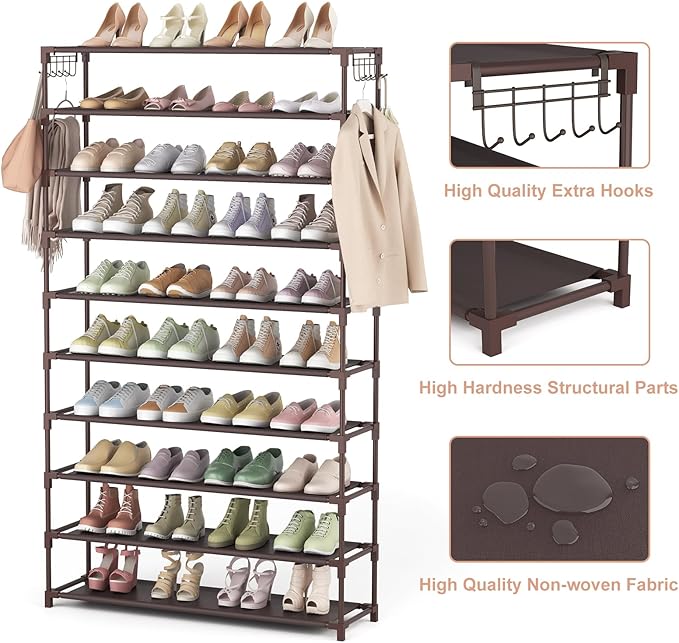 10 Tiers Shoe Rack 50 Pairs Large Capacity Tall Shoe Organizer Sturdy Shoe Storage with Two Hooks Space Saving Metal Wide Shoe Rack for Closet, Entryway, Bedroom, Brown-NeatNest