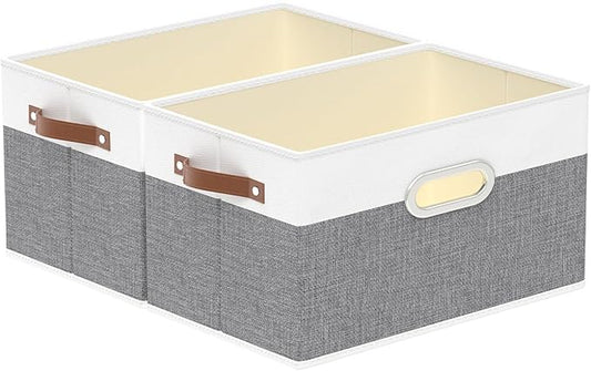 Yawinhe Fabric Storage Baskets, Foldable Closet Organizer for Shelves, Large Boxes with 3 Handles, Canvas Bins for Clothes, White/Grey, 12.99''Lx9.05''Wx7.87''H, 2-Pack-NeatNest