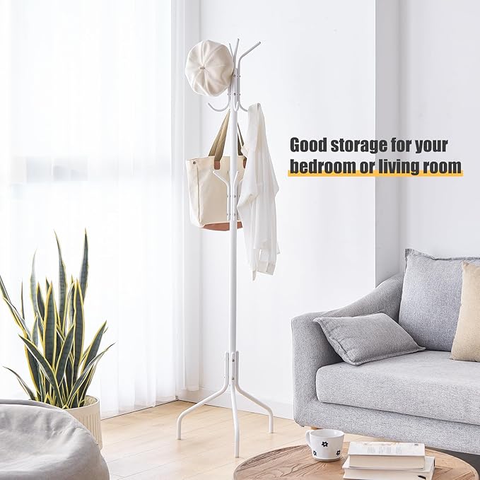 Coat Rack Freestanding for entryway,Living Room,Bedroom,Metal coat tree with12 Hooks and 3 Legs,hat stand (White)-NeatNest