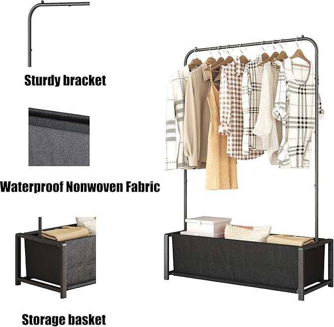 Garment Rack for Hanging Clothes Rack Heavy Duty Portable with Bottom Metal Shelf Drying Coats Shirt,Black (Black Bag)-NeatNest