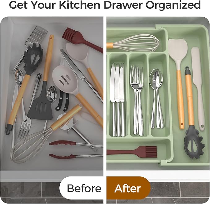 Extra Large Expandable Silverware Organizer, BPA-Free Food-Safe Cutlery Flatware Organizer, Kitchen Utensil Drawer Organizer, Adjustable Silverware Holder for Spoons Forks Knives, Green-NeatNest