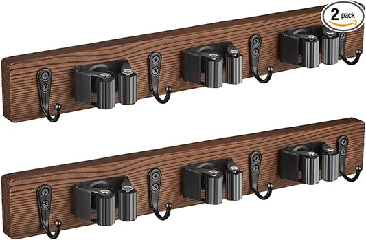 2 Pack Mop Broom Holder Wall Mount with 3 Slots & 4 Hooks - Rustic Wood Broom Mop Hanger for Pantry Kitchen Organization - Garden Tool Organizer for Closet Laundry Room-NeatNest