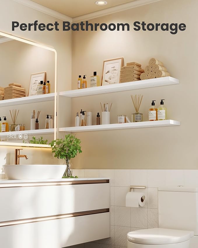 AMADA HOMEFURNISHING 35.4" L Floating Shelves, Wall Shelves Set of 3 for Bathroom/Living Room/Bedroom/Kitchen, White Floating Shelves for Wall Decor with Invisible Brackets - AMFS45W-NeatNest