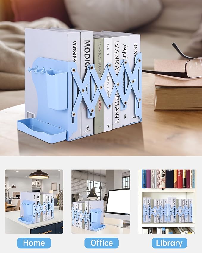 Honagu Adjustable Bookends, Metal Book Ends for Shelves Heavy Book, Desk Magazine File Organizer for Home, Office, Books, Papers with Removable Hook, Pen Holder（Light Blue）