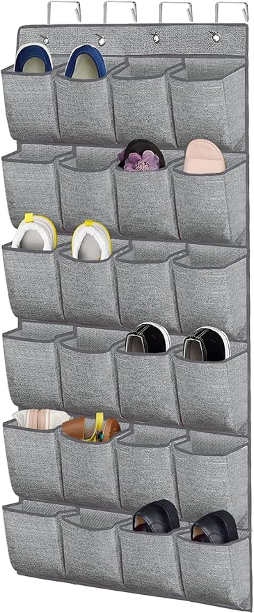 Over the Door Shoe Organizer,Hanging Shoe Rack Storage Holder with 24 Extra Large Fabric Pockets for Closet,Men Sneakers,Women High Heeled Shoes,Slippers,Grey 61.4''x22''-NeatNest