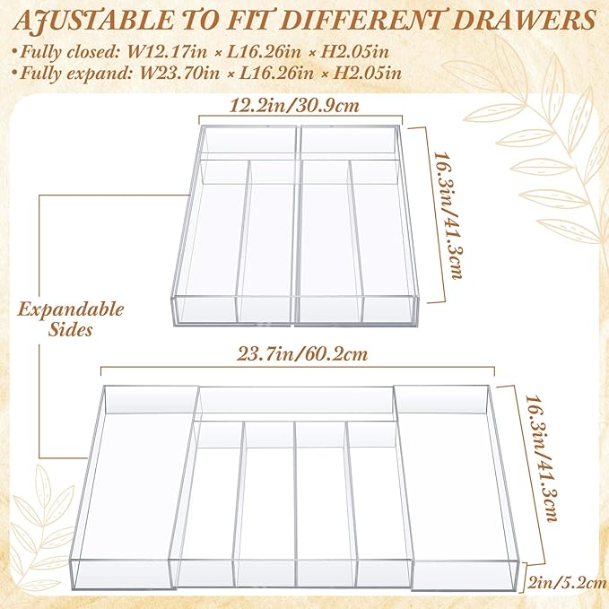 Expandable Kitchen Drawer Organizer Clear Acrylic Utensil Organizer Adjustable Acrylic Silverware Storage for Kitchen Drawers Silverware Flatware Knives(5-7 Compartments,12 x 16 Inches)